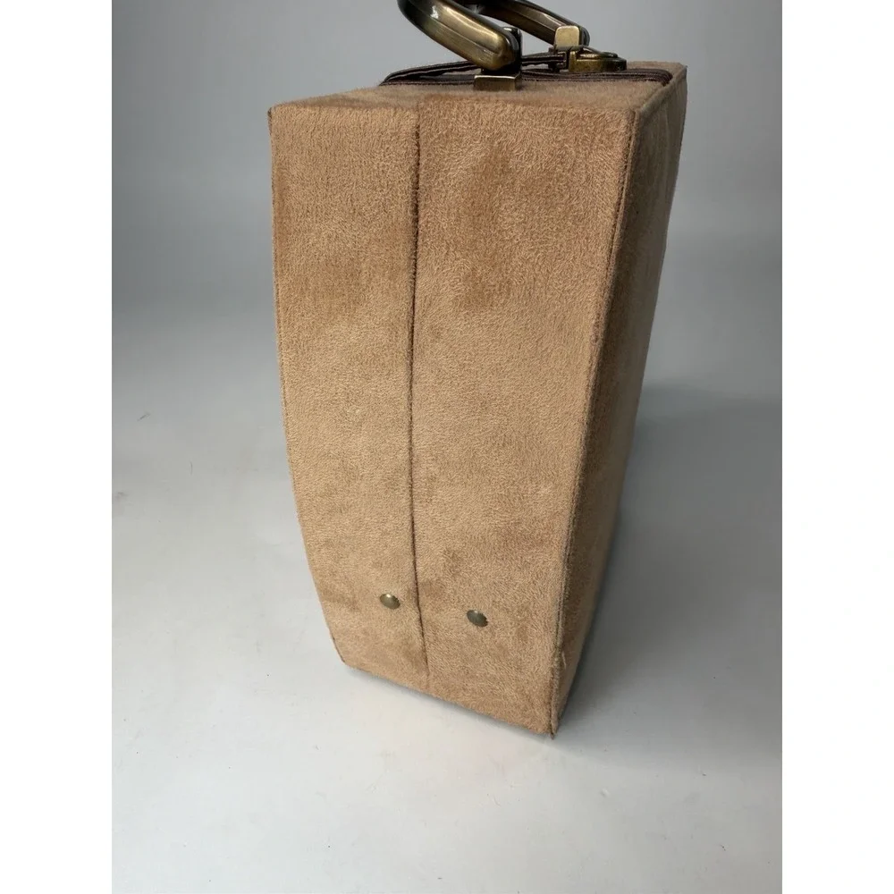 Vintage 1960s Travel Jewelry Case Valet Box Faux Suede Brown Tan Mirror